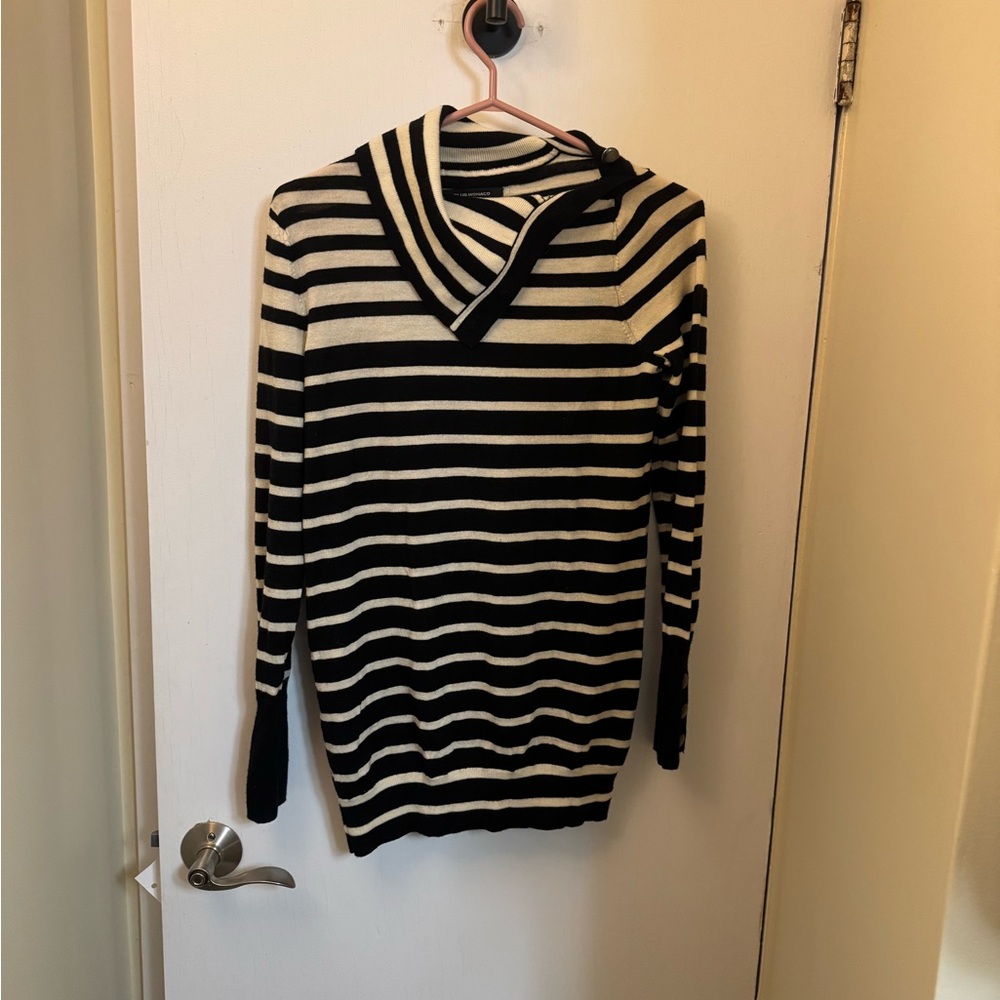 Club Monaco Striped  Black and White Women's Fine Merino Wool Sweater